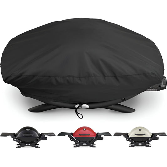 Heavy-duty 600D waterproof BBQ grill cover with drawstring for Weber Q200/Q2000 series gas grills.