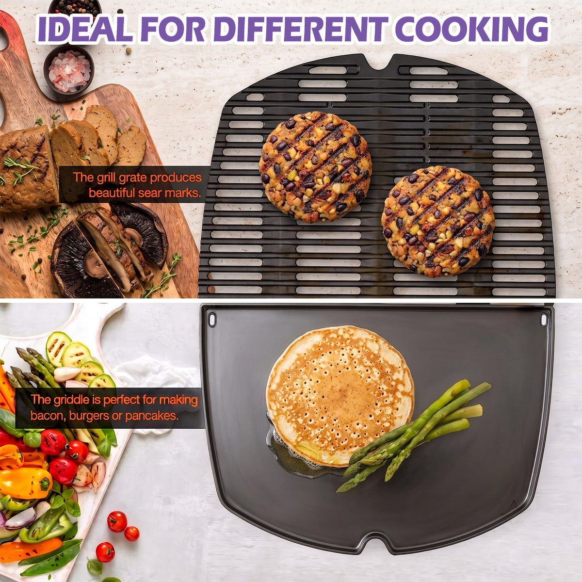 Reservdelar till Weber Q300, Q320, Q3000, Q3100, Q3200-serien (före 2023) – Gjutjärn grillgaller och stekplatta (Ersätter Weber 7646, 6506)