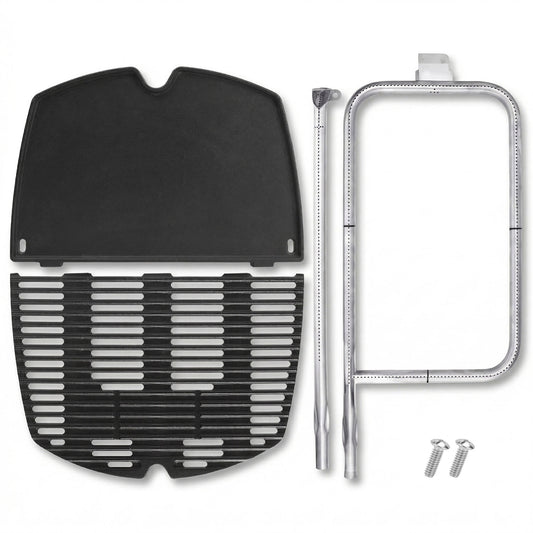 Cast iron grate, griddle plate, and stainless burners replacing Weber 7646/6506/65032 for Q300 & Q3000 series grills.