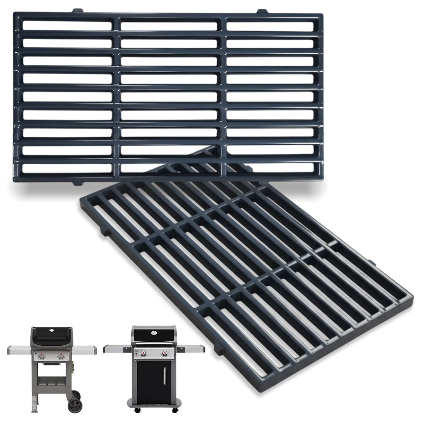 Porcelain-enameled steel grill grates replacing Weber 7637 for Spirit 200 & Spirit II 200 front-control gas grills.