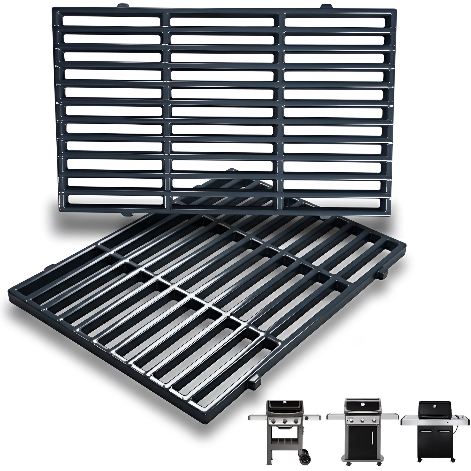 Porcelain-enameled steel grill grates set replacing Weber 7638/7639 for Spirit 300 & classic Genesis series grills.