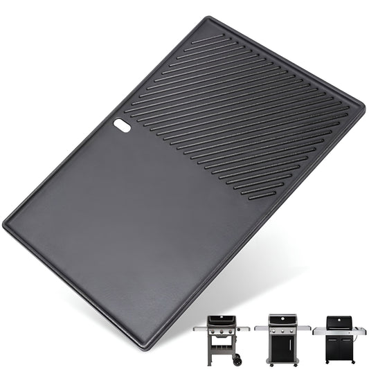Dual-sided cast iron flat griddle plate replacing Weber 7598 for Spirit 300, Spirit II, and SmokeFire gas grills.