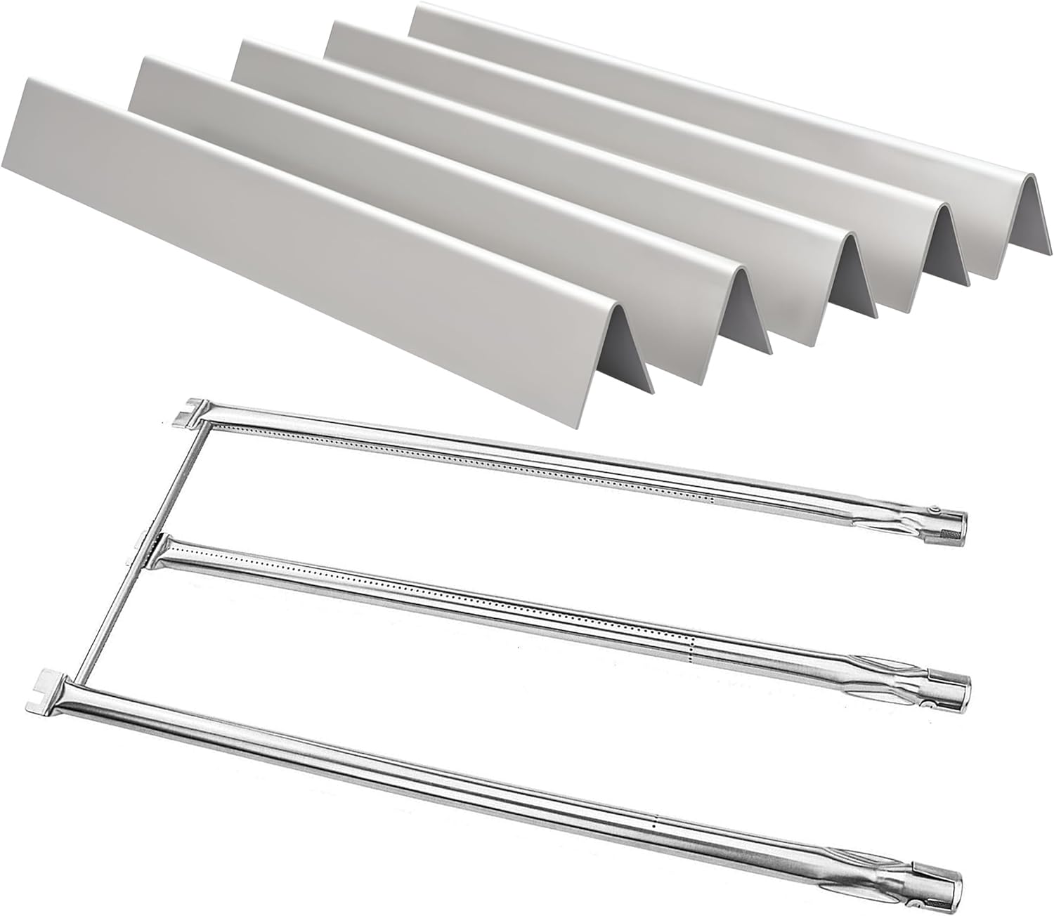 Stainless steel 5-pack flavorizer bars & 3-pack burner set replacing Weber 7536/7508 for Spirit 300 & Genesis side-control grills.
