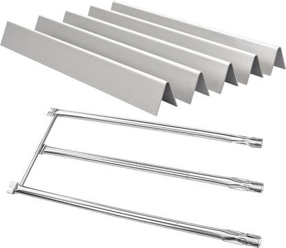 Stainless steel 5-pack flavorizer bars & 3-pack burner set replacing Weber 7536/7508 for Spirit 300 & Genesis side-control grills.