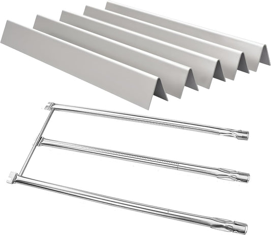 Stainless steel 5-pack flavorizer bars & 3-pack burner set replacing Weber 7536/7508 for Spirit 300 & Genesis side-control grills.