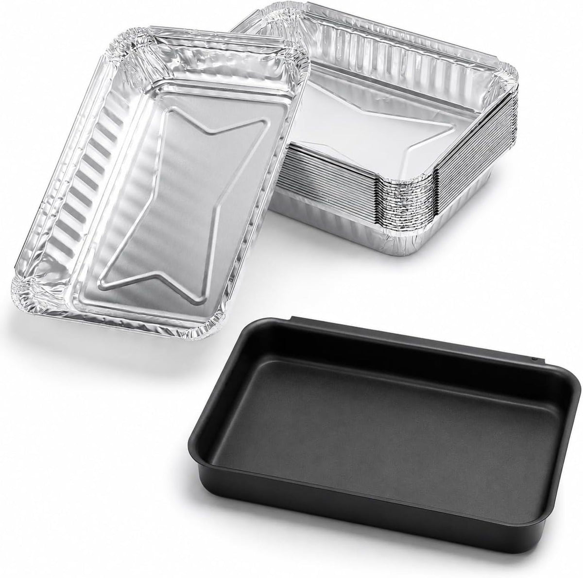Grease catch pan with 10 disposable aluminum drip trays replacing Weber 93305 & 67047 for Spirit and Genesis grills.