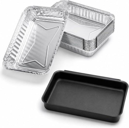 Grease catch pan with 10 disposable aluminum drip trays replacing Weber 93305 & 67047 for Spirit and Genesis grills.