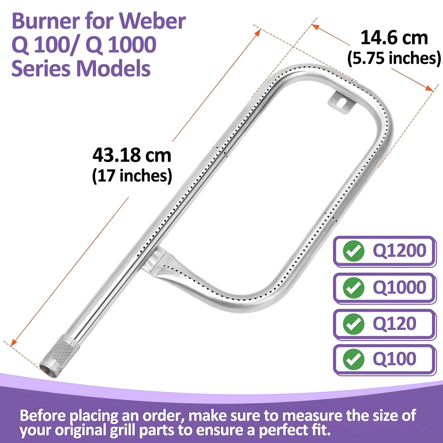 60040/69957/41657 Replacement Burner for Weber Q 100/1000 Series Grills (Q1000, Q1200, Q100, Q120, Baby Q) - 43 cm