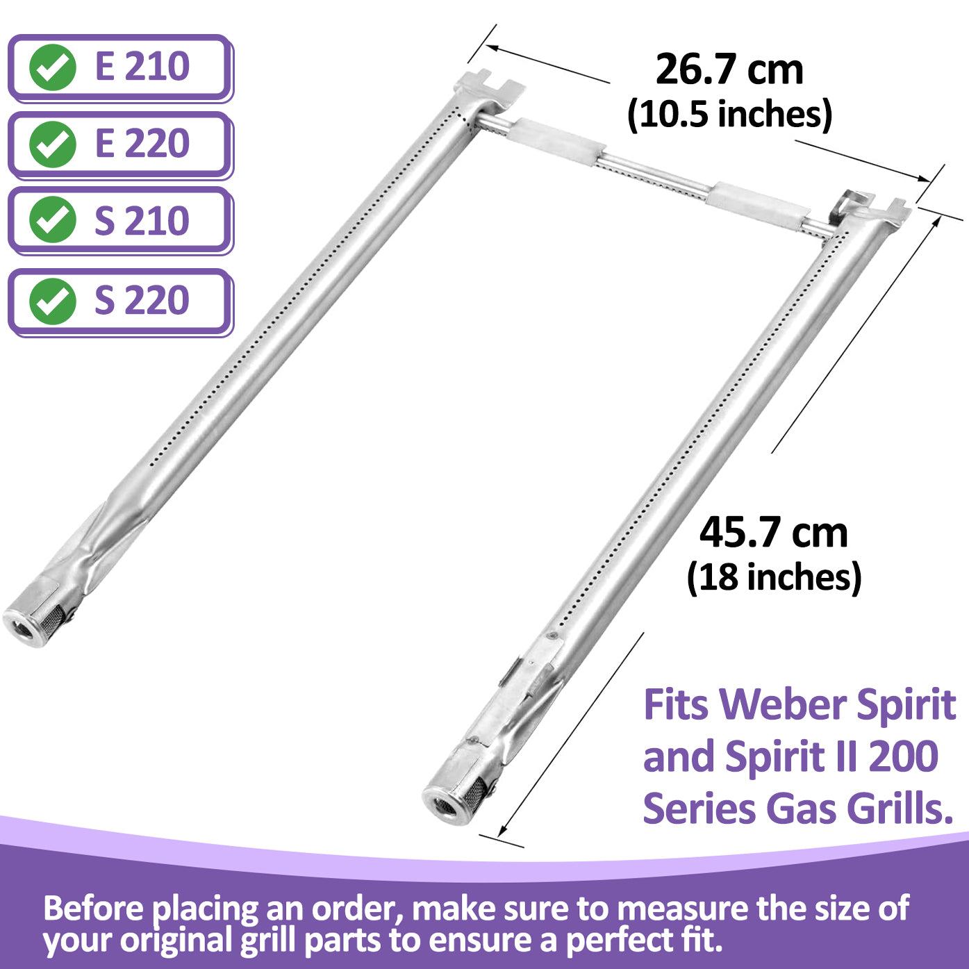 69785 Replacement Burners for Weber Spirit and Spirit II 200 Series (E-210, E-220, S-210, S-220 Gas Grills) (Front Control), 46cm