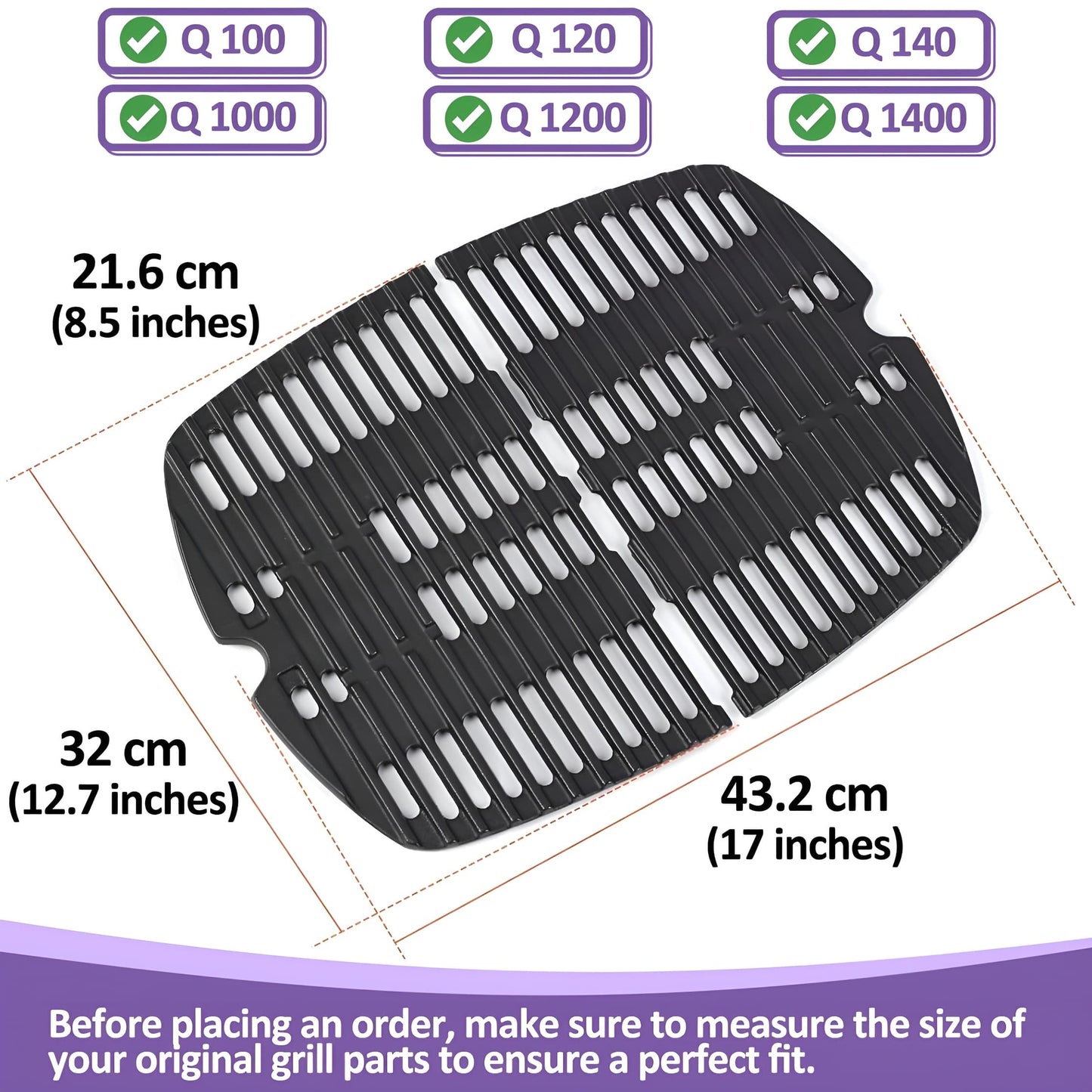 7644 Cast Iron Cooking Grates for Weber Q 100/1000 Series (Q100, Q1000, Q120, Q1200, Q140, Q1400, Baby Q) Gas Grills